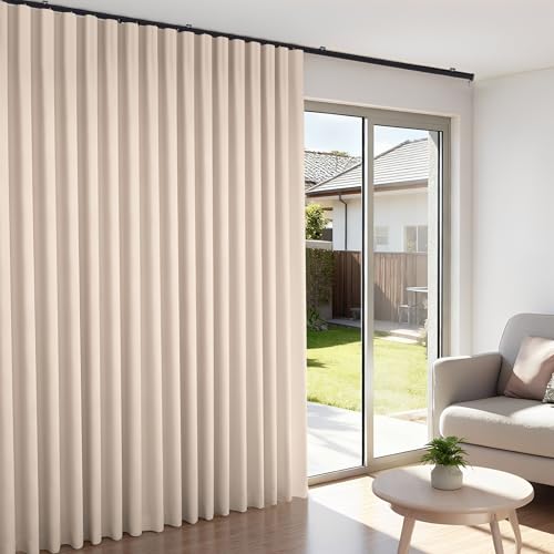 Room Divider Blackout Curtains Flexible Sliding Tracks Sets Ceiling Mounted Rod Window Curtain Privacy Separation for Bedroom Living Rooms,1 Panel Beige Drape and Black Track Set-W144xH84 in - color: Beige, size: 144"W x 84"L (Pack of 1)