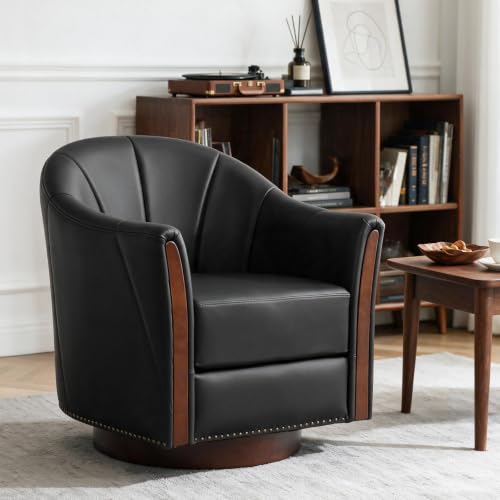 360° Swivel Accent Chair, Faux Leather Swivel Barrel Chairs | Nailhead Trim & Wood Base, Round Armchair Club Chair, Modern Reading Chairs for Living Room (BX01, Wood Black) - color: Wood Black