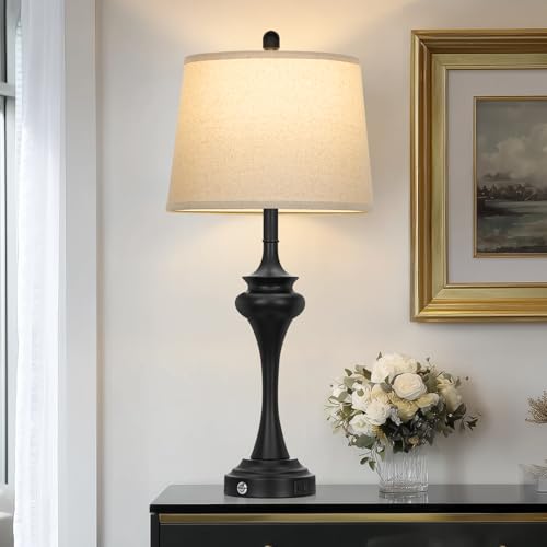 Rinweey 30 Inch Black Table Lamp Single, 3-Way Touch Control Bedside Lamp with USB A+C Ports, Modern Bedroom Lamps for Nightstand, Metal Living Room Lamps for Side Table Desk Office, Bulb Included - color: Black-30"H-1PK