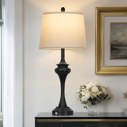 Rinweey 30 Inch Black Table Lamp Single, 3-Way Touch Control Bedside Lamp with USB A+C Ports, Modern Bedroom Lamps for Nightstand, Metal Living Room Lamps for Side Table Desk Office, Bulb Included - color: Black-30"H-1PK