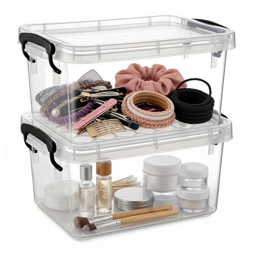 2 Pack 2 QT Plastic Storage Bins with Lids | Clear Stackable Bins with Secure Latches and Handles Heavy-Duty Storage Containers For Home Office and Garage Organization - size: 2 Qt