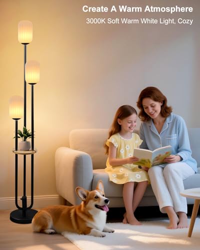 Lightdot Black Dimmable Floor Lamp with Shelf Modern Floor Lamps with Oval Striped Lampshade & Bulb Included 3-Lights Tall Lamp with 5Lbs Heavy Base for Living Room/Bedroom/Sofa Beside/Corner Decor
