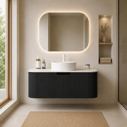 36" Floating Bathroom Vanity with Sink, Wall Mounted Plywood Cabinet, Black Fluted Front, Sintered Stone Countertop, White Round Ceramic Vessel Sink, Soft-Close Drawer, Pre-Assembled - color: Black Cabinet / White Sink, size: 36 Inch