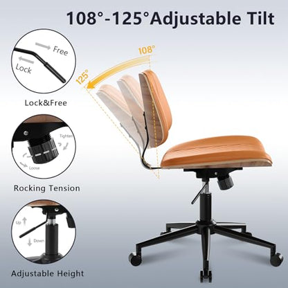 Modern Armless Office Chair with Wheels, Wide Seat Walnut, Brown | Adjustable Swivel Desk Chair with Mid Back & Tilt Function, Faux PU Leather Mid Century Modern Task Office Chair, 300LBS Cap - color: Brown, size: MCM Style Wide Seat
