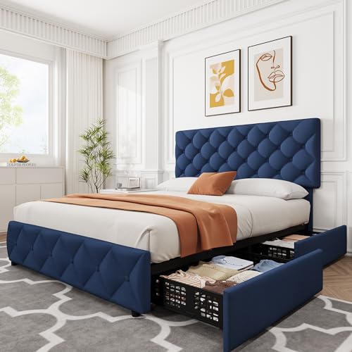 IDEALHOUSE Linen Fabric Full Size Bed Frame with 4 Storage Drawers, Blue | Upholstered Platform Bed Frame With Adjustable Headboard, Diamond Stitched Button Tufted, No Box Spring Needed - color: Blue, size: Full