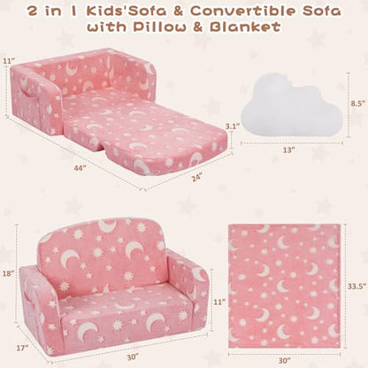 Foryoomi Extra Wide Kids Couch, Kids Sofa, Toddler Sofa, Glow in The Dark, 2-in-1 Soft Toddler Couch with Blanket and Pillow, Moon Style, Pink - color: Pink Moon