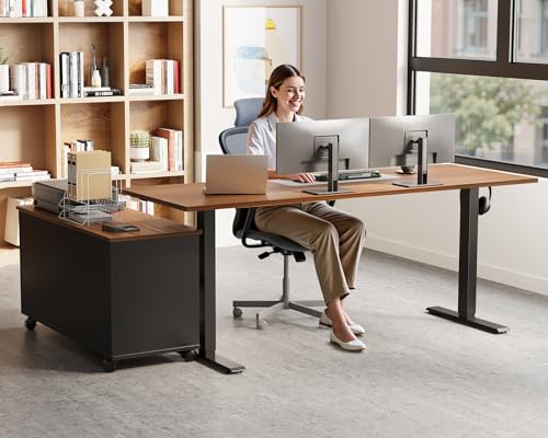 55" L Shaped Electric Standing Desk with Cabinet Sets, Walnut/Black (Pack of 2) - color: Walnut+black, size: 55 Inch (Pack of 2)