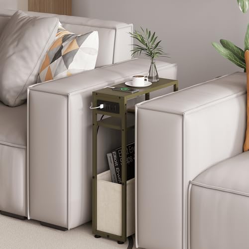 Leomonio Green Side Table with Charging Station, Slim End Tables with Linen Basket, Skinny Table for Small Spaces, Thin Bedside Table for Living Room, Bedroom - color: Forest Green + Camel Brown - Outlet