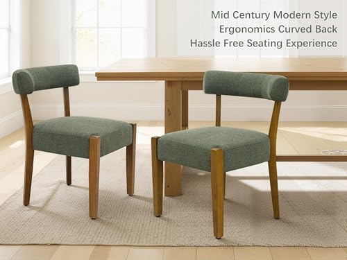 RNKSFX Upholstered Green Dining Chairs Set of 2, Walnut Wooden Kitchen & Dining Room Chairs, Mid Century Modern Fabric Farmhouse Dining Chairs Oversized Sturdy Rounded Chairs Curved Back - color: Green