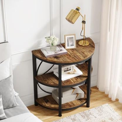Tribesigns Half Round End Table for Living Room, 3-Tier Half Circle Side Table with Metal Frame, Industrial Half Moon Table, Half Coffee Accent Table Bedside Table for Bedroom, Brown - color: Rustic Brown
