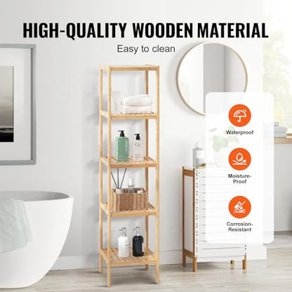 VEVOR 5-Tier Bathroom Standing Shelf, Narrow Shelving Unit, Display Storage Rack Organizer, Freestanding Flower Plant Stand, Multifunctional Bamboo Shelf Ideal for Bathroom, Kitchen, Home, Natural - style: 5-Tier