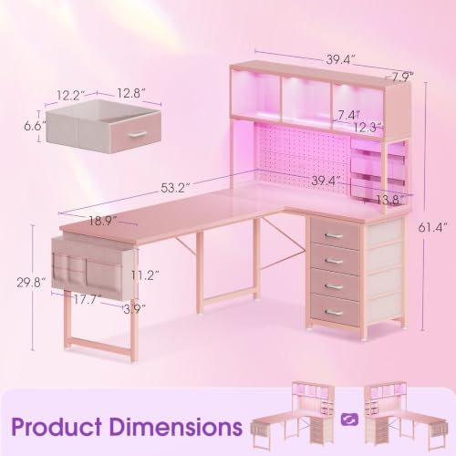AODK 53" L Shaped Gaming Desk with Pegboard, Hutch & 4 Drawers, Pink - color: Carbon Fiber Pink