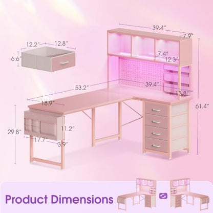 AODK 53" L Shaped Gaming Desk with Pegboard, Hutch & 4 Drawers, Pink - color: Carbon Fiber Pink