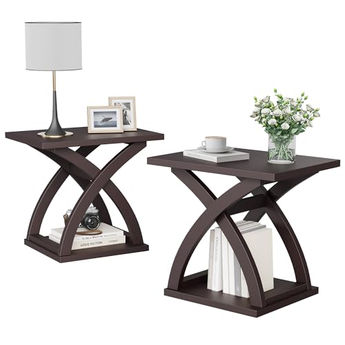 ChooChoo Side Table, Modern End Table with Storage Shelf, X-Design | Simple shape, Living Room, Brown - color: Espresso, size: 15.7"D x 21.7"W x 19.6"H