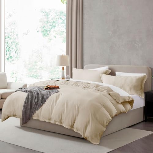 Hearth & Harbor Prewashed Queen Duvet Cover Set, Beige Cream | 3 Piece Bedding Set, Ultra Soft & Breathable, Easy Care, Cooling , Zipper Closure, 1 Duvet Cover 90"x90", 2 Pillow Shams - color: 03 - Beige Cream (No Comforter), size: Queen