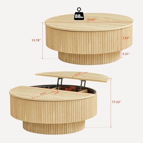 33" Round Coffee Table with Lift-Top & Flip-Top Storage, Modern Accent Fluted Coffee Tables with Metal Frame, Wooden Circle Center Table for Living Room Small Space Apartment Office (Natural) - color: Natural 33" Round Lift-top & Flip-top