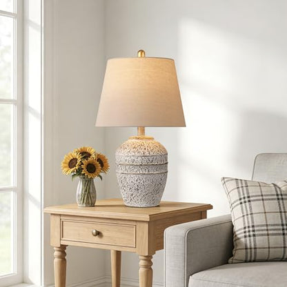 Farmhouse Ceramic Table Lamp, Natural Distressed Earth Tone Finish, Grey | Modern Bedside Lamp with Linen Shade, Rustic Table Lamp for Living Room, Bedroom Nightstands Dining Office