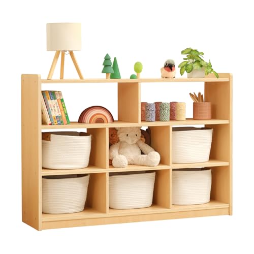 OOOK Montessori Toy Shelf and Storage, 3-Tier Large Toy Storage Organizer | FSC Safety, 8 Cube Montessori Shelf with Open Back for Playroom, Nursery, Daycare, Preschool, Classroom, 44.6"W×11.7"D×31.5"H - size: 8-Section Montessori Open Bookshelf