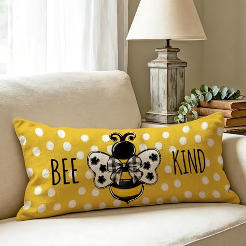 Fahrendom Bee Kind Pillow Cover 14x36 Inch Yellow Polka Dot Bumble Bee | Farmhouse Lumbar Throw Pillow Case Spring Summer Seasonal Home Decor Cushion Cover for Sofa Couch Bed - color: Bee Kind, size: 36" x 14" (Pack of 1)