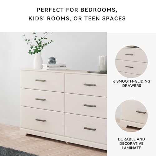 Signature Design by Ashley Stelsie 6 Drawer Bedroom Dresser, White, 60 Inch | Durable engineered wood with replicated grain, 6 deep smooth-gliding drawers, Ample clothing organization - color: White, style: 6 Drawer Dresser