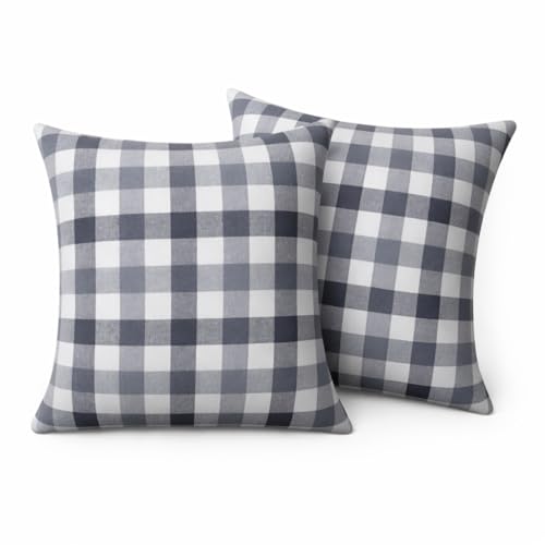 Native Fab Throw Pillow Covers 2 Pack, 16x16 Inches, 100% Cotton, Woven Gingham Plaid, Premium Decorative Cushion Cases, Modern Farmhouse Decor for Living Room, Sofa, Couch, Stone & Charcoal Grey - color: Gingham Stone & Charcoal Grey, size: 16" x 16" (Pa