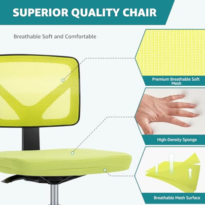 OLIXIS Armless Home Office Chair, Ergonomic Small Desk Chair | Mesh Back, Removable Washable Foam Cushion, Height Adjustable, Rolling Swivel Wheels, Small Space, Green - color: Green