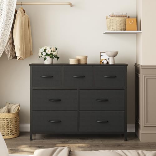 OLIXIS Black Dresser for Bedroom with 7 Fabric Drawers Storage Organizer | Wardrobe Closet for Clothes Storage, Steel Frame & Wooden Top, Cabinet Vertical Dresser for Living Room, Entryway Hallway - color: Black, size: 11.8"D x 39.4"W x 30"H (7 Drawers)