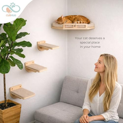 Cat Wall Shelves, Solid Wood Corner Bed, 3 Steps, Up to 25 lb, Wood | Cushion included; 2 washable covers, cotton and plush; secures across two walls - color: Natural Wood