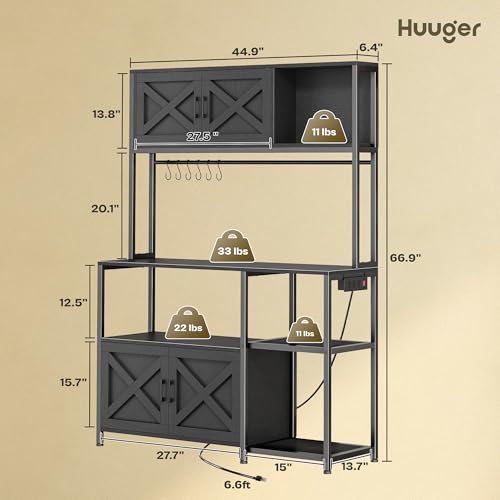 Huuger Large Bakers Rack with Power Outlet, Kitchen Microwave Stand with Cabinets, Coffee Bar Table Station with Storage, 6 S-Shaped Hooks, Mesh Shelves, 45 Inch Wooden Top, Black - color: Black