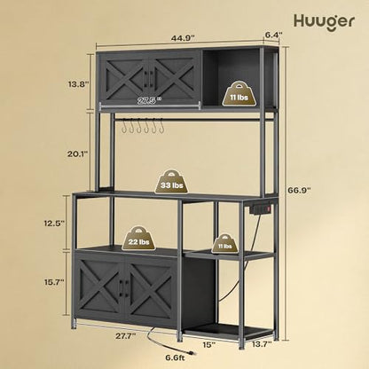 Huuger Large Bakers Rack with Power Outlet, Kitchen Microwave Stand with Cabinets, Coffee Bar Table Station with Storage, 6 S-Shaped Hooks, Mesh Shelves, 45 Inch Wooden Top, Black - color: Black