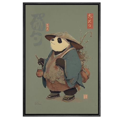 SIGNWIN Framed Canvas Print Wall Art Vintage Japanese Style Traveling Panda Illustrations Modern Art Multicolor for Living Room, Bedroom, Office - 16"x24" BLACK - color: B07-2605-m19, size: 24"L x 16"W