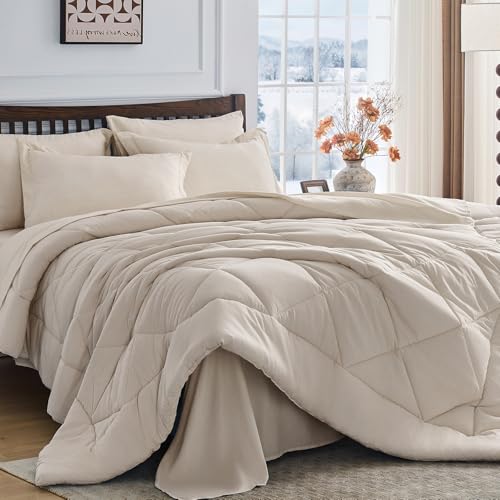 7-Piece Full Comforter Set, Beige | Reversible, All-Season, Soft, 7 Piece Set, All-Season Reversible Bed in a Bag, Flat Sheet, Fitted Sheet, Pillowcases - color: Beige, size: Full