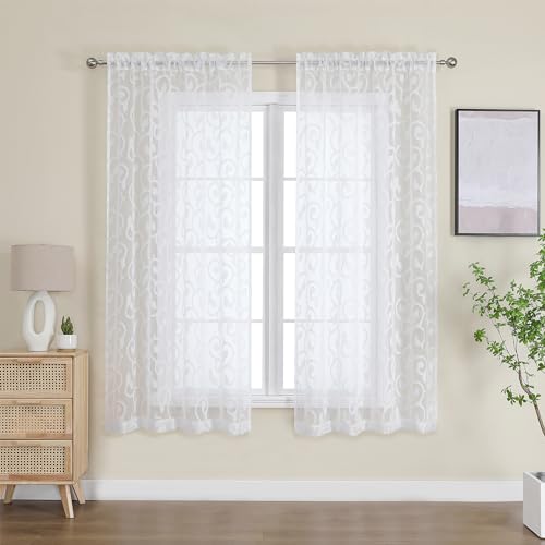 Furman Sheer Curtains 63 inch Length for Bedroom Living Room 2 Panels Set, Jacquard Clip Textured Semi Sheer White Curtains, Light Filtering Rod Pocket Farmhouse Window Treatments, 40Wx63L inch - color: White, size: 40"W x 63"L (Pack of 2)