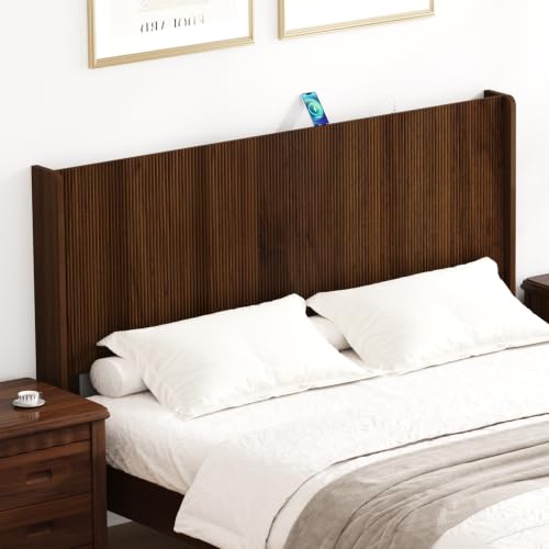 King Size Headboard with Outlets&Lighting, Brown 80" W Headboard Only, Mid Century Modern Freestanding Fluted Headboard Noise-Free with Storage - color: Walnut Brown, size: King