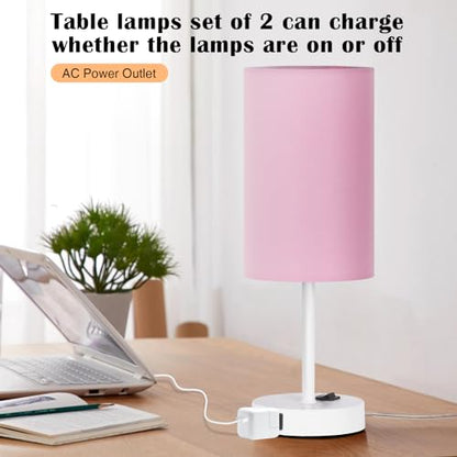 ZJOJO Table Lamp for Bedroom Set of 2, Bedside Small Lamps with 3 Way Dimmable Rocker Switch and AC Outlet, Nightstand Desk Lamp with Pink Fabric Shade White Base for Living Room Home Decor Lights | 3 Way Dimmable,Rocker Switch,Pink Fabric Shade,White Bas
