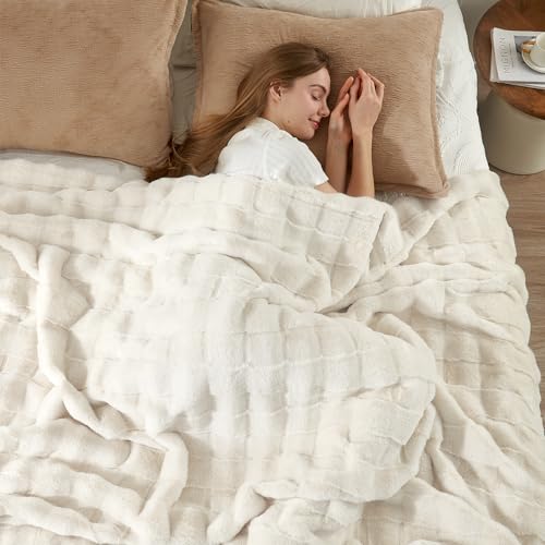Cozy Bliss Fluffy Faux Fur Blanket Queen Size for Bed, Fuzzy Soft Striped Plush Blanket, Thick Throw for Bedroom Couch Gift, 90x90 Inches Cream White - color: Cream White, size: Queen(90" x 90")