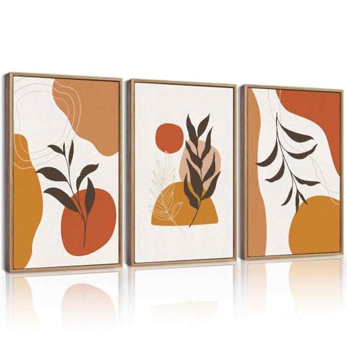 KUVIOKE Brown Boho Wall Art Framed Botanical Mid Century Modern Wall Printing Orange Neutral Abstract Geometric Prints Bohemain Sage Decor for Farmhouse Living Dining Room 16x24in (Natural Framed) - color: Bohemain, size: 16 x 24in x 3 Panels Natural