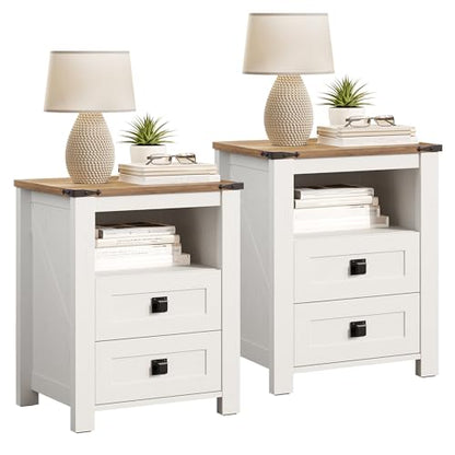 AMERLIFE Farmhouse Wood Nightstand Set of 2, End Table with Drawers, White | Narrow/Small 18" Bedside Table with Open Shelf, Wooden Night Stand for Bedroom/Home Office, Rustic White + Honey Brown - color: Rustic White + Honey Brown