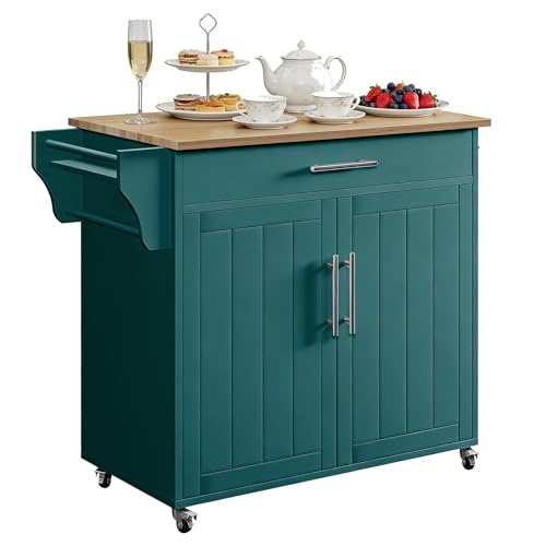Kitchen Storage Island, Wooden Rolling Kitchen Island On Wheels with Countertop, Mobile Kitchen Island Cart with Towel Rack, Spice Rack and Drawers, Green - color: Green