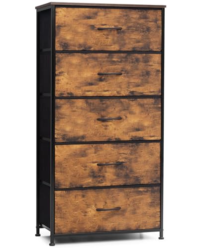 Tall Dresser, Wide Vertical Fabric Storage Tower, 5 Drawer (Rustic Brown) | Sturdy Steel Frame, Wood Top and Easy Pull Handle, Space-saving Organizer for Clothes, Bedroom, Hallway, Entryway, Closets - color: Rustic Brown, style: Wide