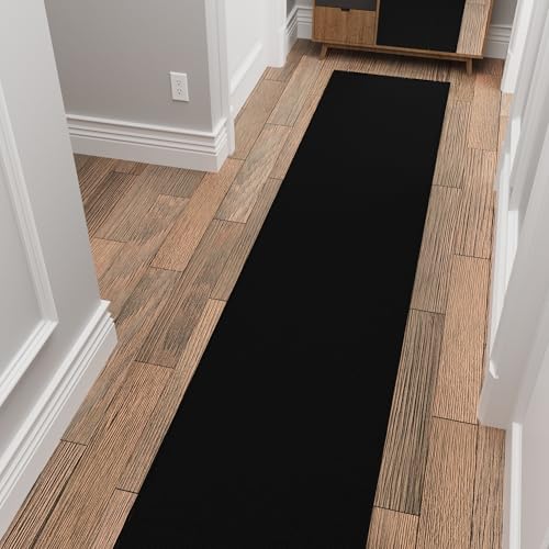 Ottomanson 2x26 Extra Long Hallway Runner Rug – Stair Carpet Runner | 26ft Non-Slip Rugs Runner for Living Room, Bedroom, Entryway – Black Solid Thin Bathroom Floor Mat, 22.5" x 26' - color: Solid Black, size: 1'10" x 26' (22.5" Wide)