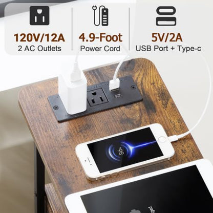 Narrow End Table with Charging Station, Small Nightstand | Skinny Side Tables Living Room with 2 Fabric Drawers, Slim Bedside Table with LED Lights for Bedroom, Small Spaces, Brown - color: Rustic Brown, size: 23.22''H (2 Drawers), style: Power + Light