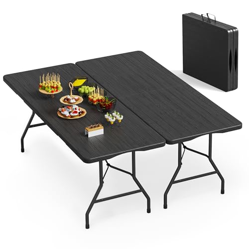 VSOAEIL 6 Foot Folding Table 2 Pack, 6 FT Foldable Plastic Table Heavy Duty | 6 Feet Portable Fold-in-Half Utility Folding Table with Handle for Picnic, Party, Dining, Camping, Indoor & Outdoor, Black - color: Black, size: 6 FT - 2 PACK