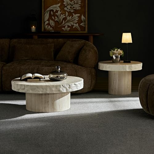 Round Nesting Coffee Table with Faux Mars Pattern for Living Room, Modern Fiberglass Circle Travertine Center Table with Base, Faux Stone Tea Table, No Need Assembly, 31.7"+23.8" (Beige) - color: G-31.69"+23.82" Beige