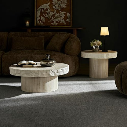 Round Nesting Coffee Table with Faux Mars Pattern for Living Room, Modern Fiberglass Circle Travertine Center Table with Base, Faux Stone Tea Table, No Need Assembly, 31.7"+23.8" (Beige) - color: G-31.69"+23.82" Beige