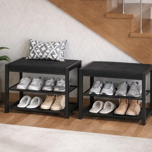 HOOBRO Small Shoe Bench, 3-Tier Shoe Rack, Shoe Storage Bench with PU Seat Cushion, Entryway Shoe Rack Bench with Metal Mesh Shelves, Freestanding Shoe Organizer for Hallway, Black BB33HX01 - color: Black