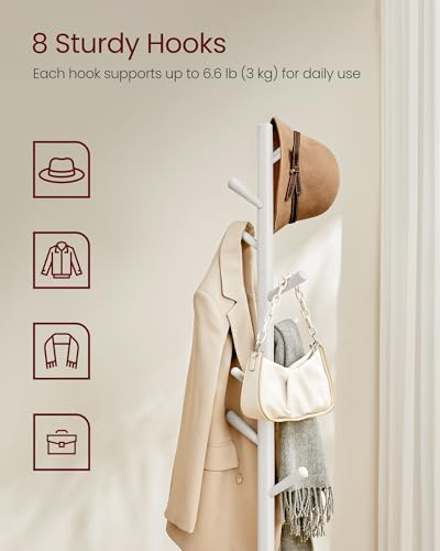 VASAGLE Solid Wood Coat Rack, Free Standing Hall Coat Tree with 8 Hooks, 3 Height Options, for Coats, Hats, Bags, Purses, for Entryway, Hallway, Rubberwood Hooks and Pole, Cloud White URCR010W02 - color: Cloud White, style: Square Base + Cylindrical Hooks