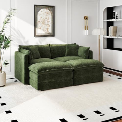 Aoowow Modular Sectional Sofa Modern Convertible Loveseat Couch,77.16 Inch Deep 2-Seater Sofas Comfy Chenille Cloud Sofas and Couches Set with 2 Movable Ottoman for Living Room Apartment（Green） - color: Green-new, size: 2 Seat + 2 Ottoman