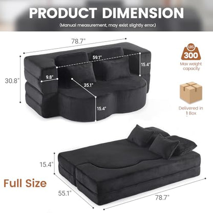 78” Convertible Sofa Bed, Full Size Sleeper Couch, Black | Boneless Folding Loveseat, Deep Seat, Soft Chenille, 4 Pillows, No Assembly, for Guest Living Room Bedroom - color: Black, size: 78"