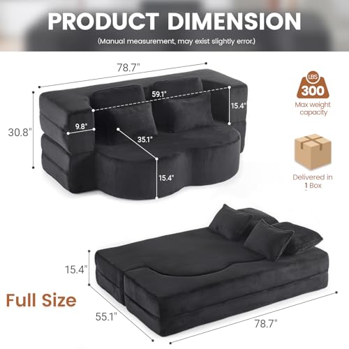 78” Convertible Sofa Bed, Full Size Sleeper Couch, Black | Boneless Folding Loveseat, Deep Seat, Soft Chenille, 4 Pillows, No Assembly, for Guest Living Room Bedroom - color: Black, size: 78"